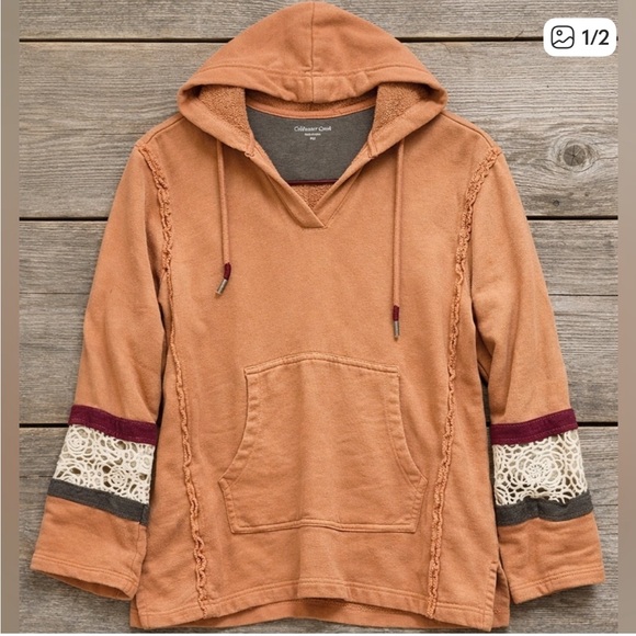 Coldwater Creek Peach Salmon Boho Hoodie with Lace Trim - Picture 2 of 2